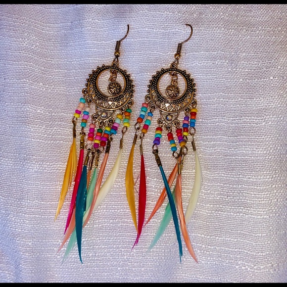 Rainbow Hippie Boho Dream Catcher Feather Earrings - Picture 5 of 5